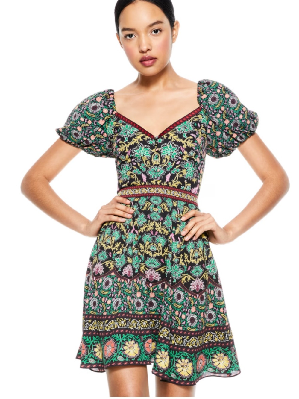 Alice + Olivia Black Floral Puff-Sleeve Mini Dress